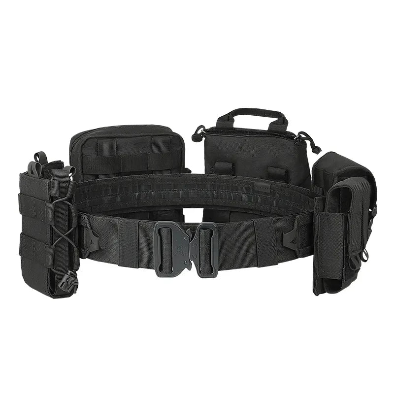 Adjustable men's Molle tactical belt with 8-in-1 detachable pouches, robust combat and outdoor gear.