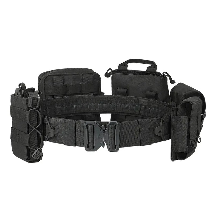 Adjustable men's Molle tactical belt with 8-in-1 detachable pouches, robust combat and outdoor gear.