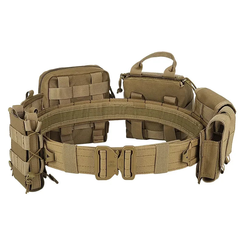Durable men's tactical combat belt, heavy-duty Molle system with integrated utility pouches for gear.