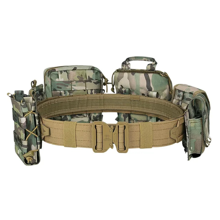 Man wearing adjustable tactical Molle combat belt with secure pouches for outdoor, military operations.
