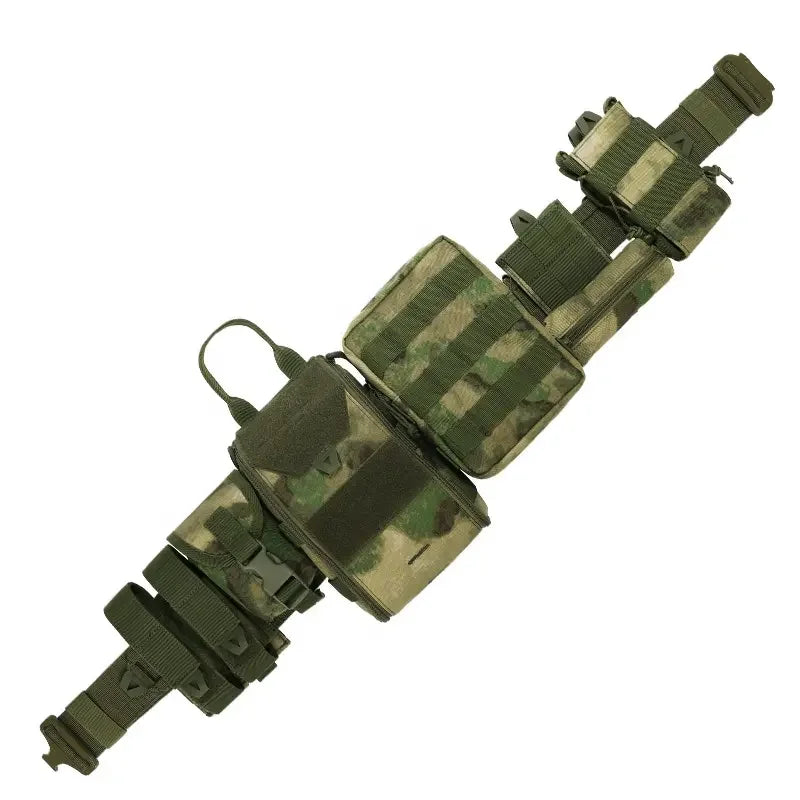 Close-up of tactical Molle combat belt, showcasing various utility pouches, ideal for organized gear.