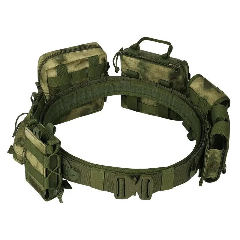 Complete men's tactical combat belt with integrated 8-in-1 Molle pouches, essential military outdoor gear.