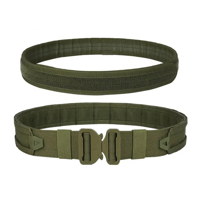 Side view of men's tactical Molle combat belt with attached utility pouches, rugged and ready for action.