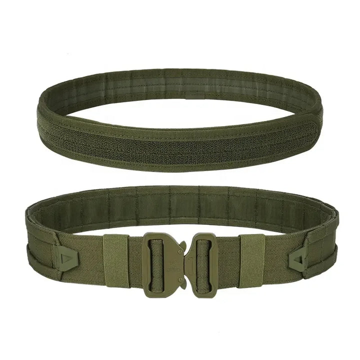 Side view of men's tactical Molle combat belt with attached utility pouches, rugged and ready for action.