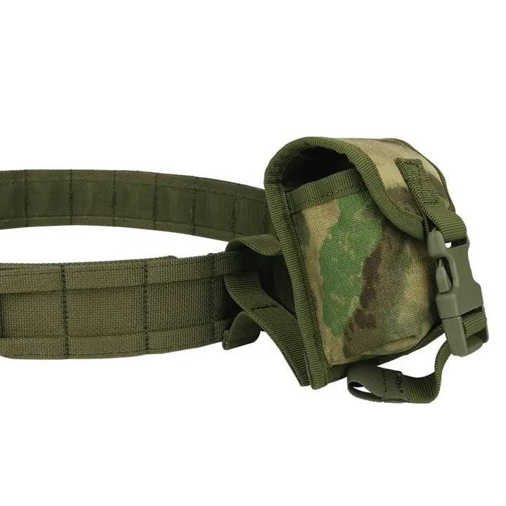 Men's tactical combat belt with 8-in-1 Molle pouches displayed, high-quality, durable military & outdoor gear.