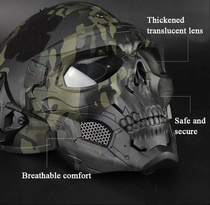 Adjustable tactical face mask for airsoft and paintball, robust protective gear for outdoor combat sports.