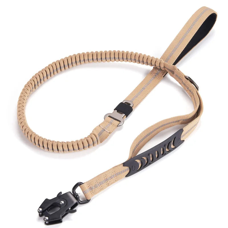 Tactical heavy-duty bungee dog leash with dual handles, ideal for large dog training & control.