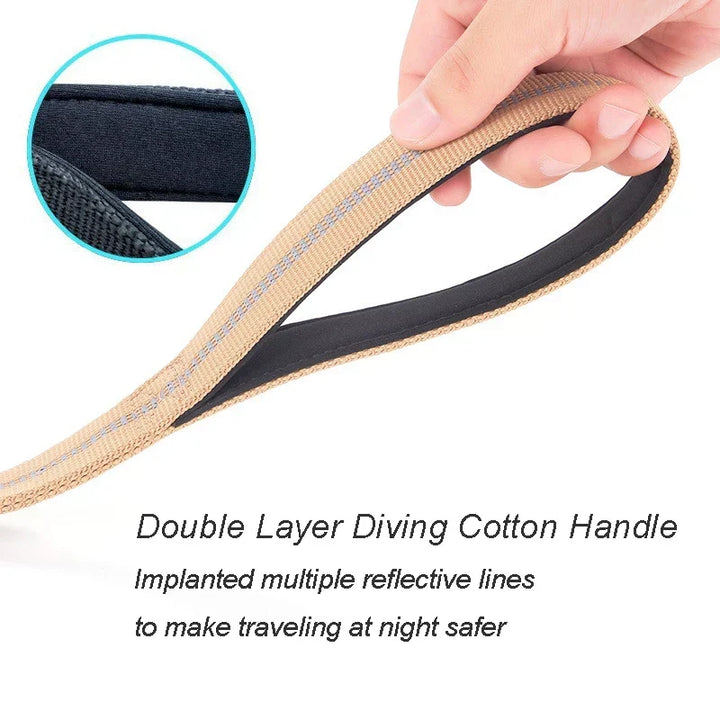 Versatile heavy-duty tactical bungee dog leash with reflective dual handles for large dog training & safety.