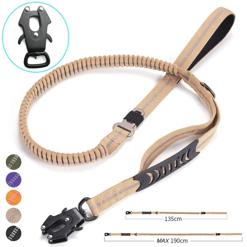 Durable heavy-duty tactical bungee dog leash, dual handles for large dog training, safety & car seatbelt use.