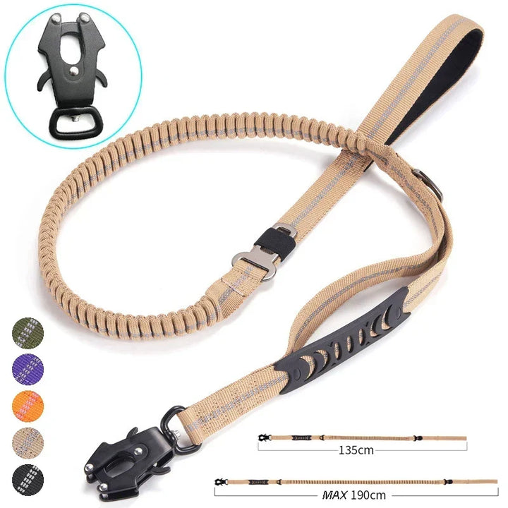 Durable heavy-duty tactical bungee dog leash, dual handles for large dog training, safety & car seatbelt use.