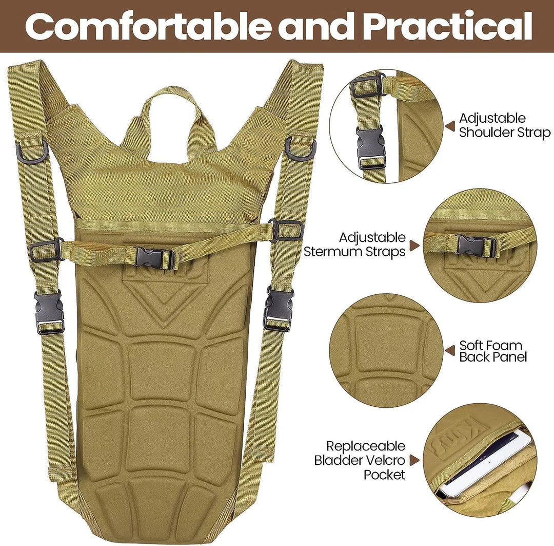 Tan tactical hydration backpack with 0.8-gallon water bladder, perfect for hiking & camping.