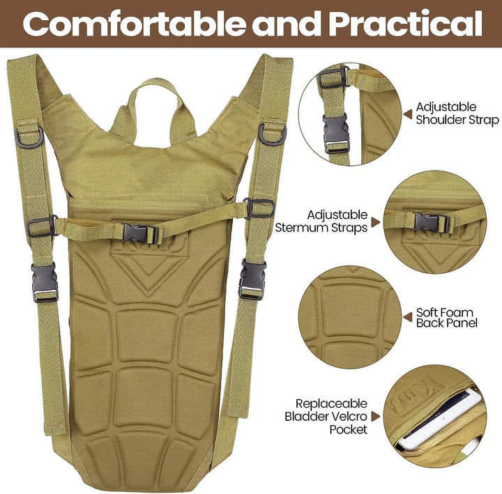 Tan tactical hydration backpack with 0.8-gallon water bladder, perfect for hiking & camping.