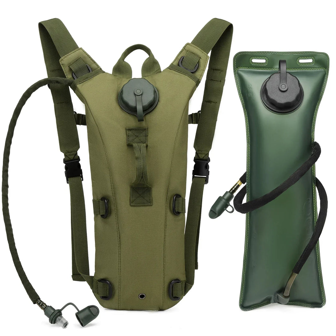 Olive green tactical hydration backpack for camping, hiking, and outdoor adventure gear.