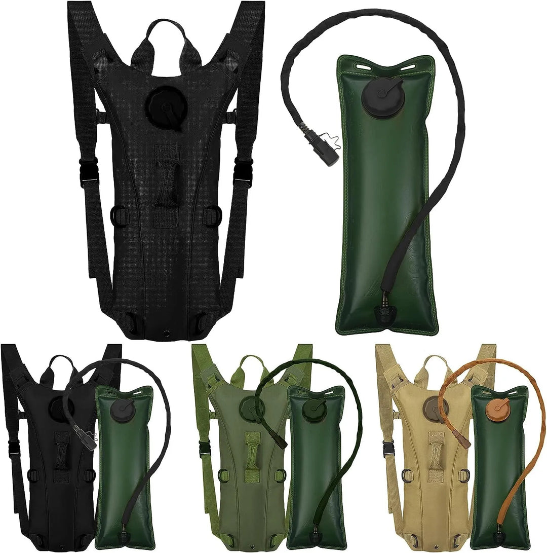 Black tactical hydration pack with water bladder for outdoor gear, hiking, and camping trips.