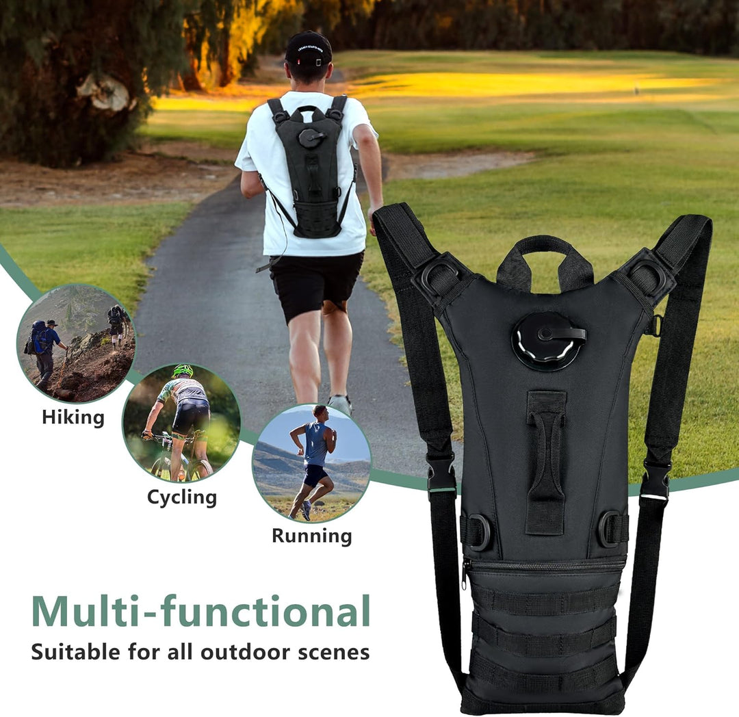 Unisex hydration pack, 0.8-gallon water bladder, perfect for tactical hiking, camping, and adventure gear.