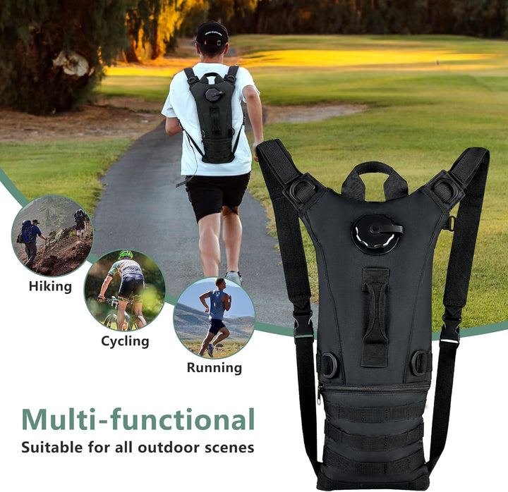 Unisex hydration pack, 0.8-gallon water bladder, perfect for tactical hiking, camping, and adventure gear.
