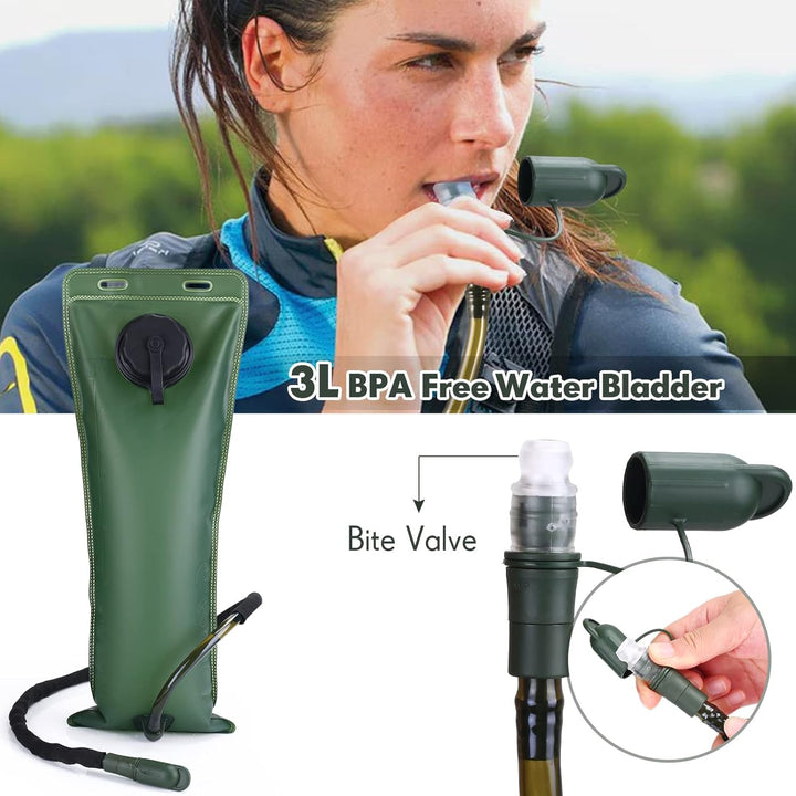 Olive green, black, or tan tactical hydration pack with 0.8-gallon bladder for outdoor gear.