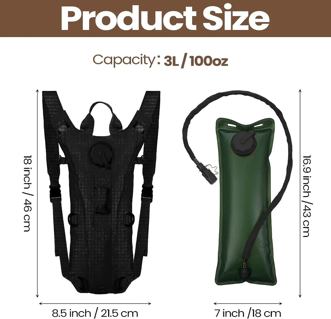 Hiking hydration pack with 0.8-gallon water bladder, ideal for camping & tactical outdoor adventures.
