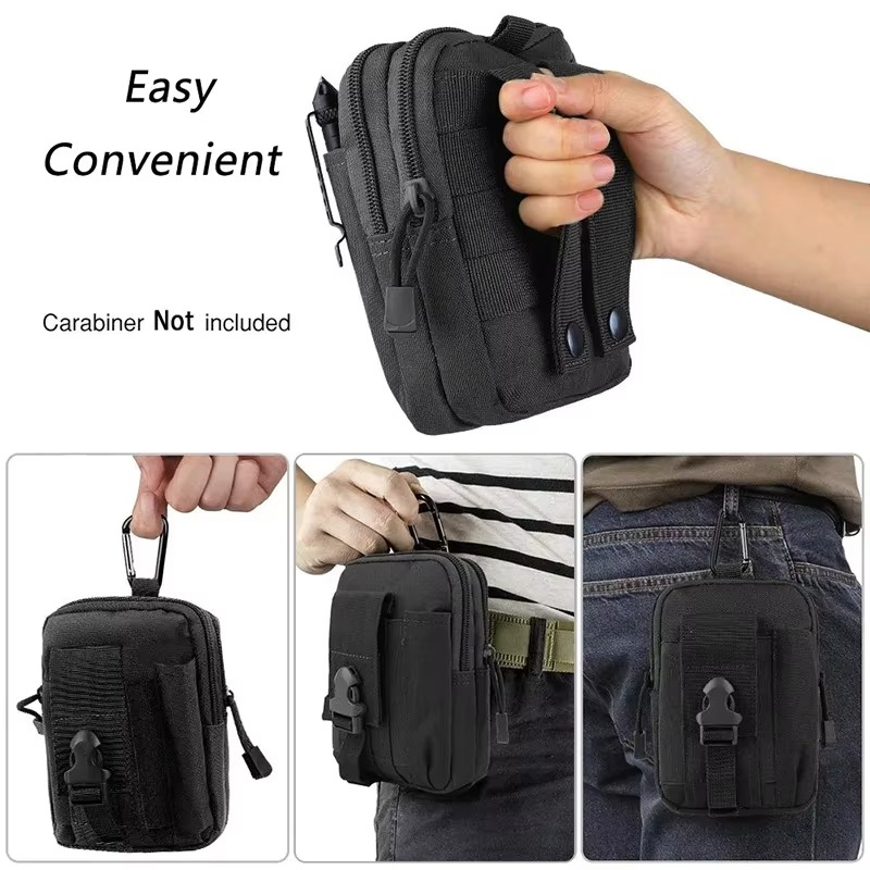 Durable tactical MOLLE EDC belt pouch. Water-resistant nylon utility bag for outdoor gear.