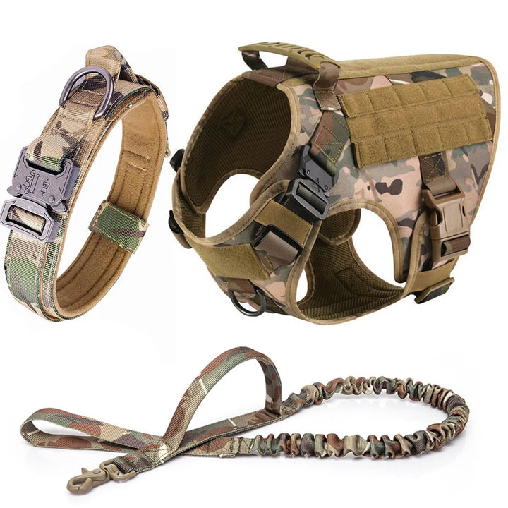Dog's tactical no-pull harness, durable pet gear for training, trails, and K9 adventures.