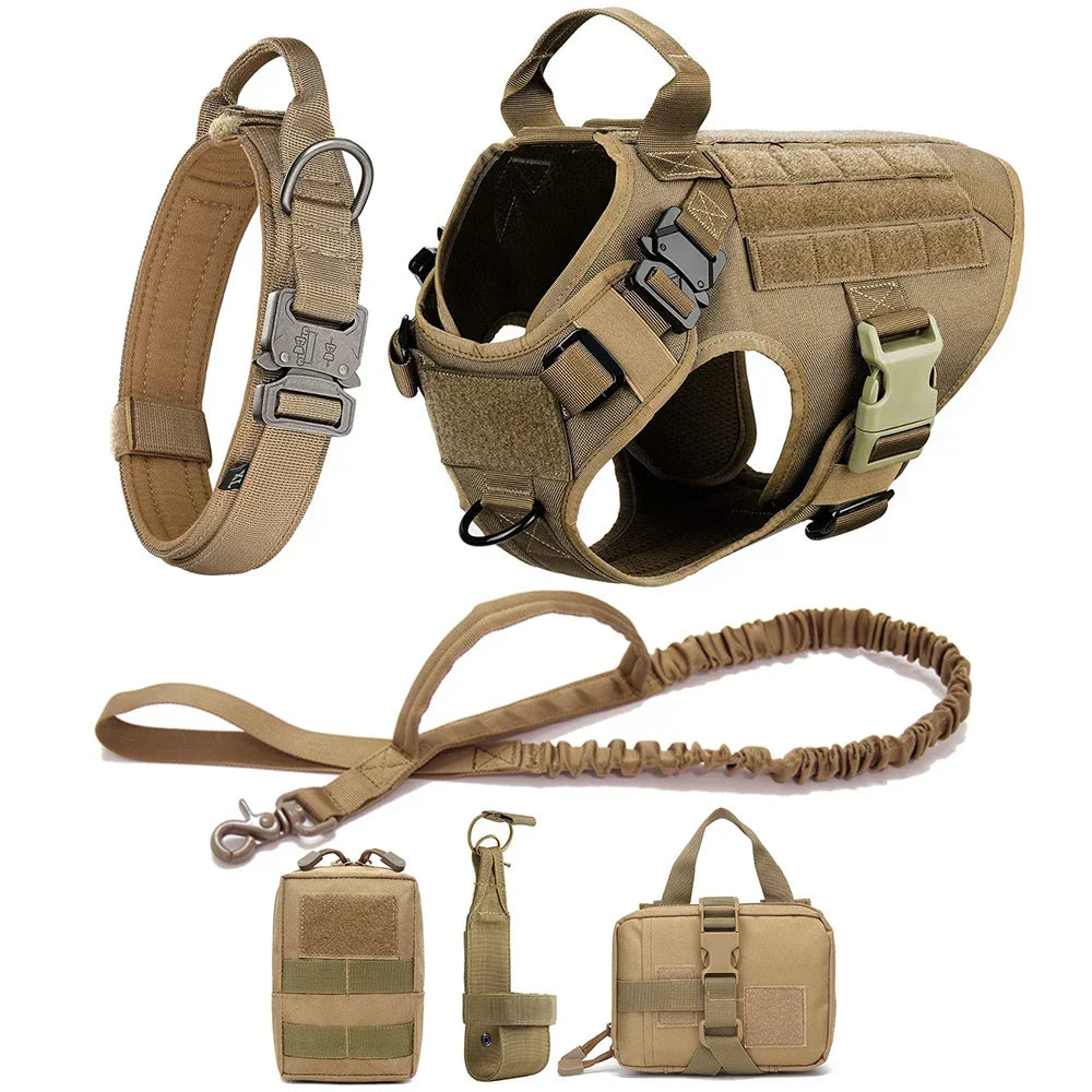 Adventure dog harness with no-pull feature, tactical design for K9 training & outdoor fun.