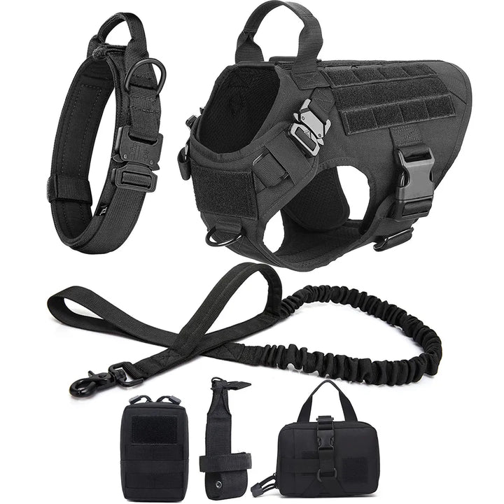 Multifunctional tactical dog harness, no-pull design for training, hiking, and K9 adventures.