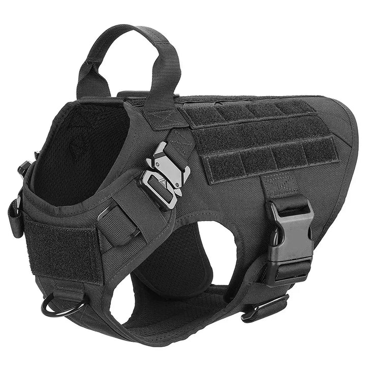 Heavy-duty tactical dog harness with no-pull design, ideal for K9 training and adventure.