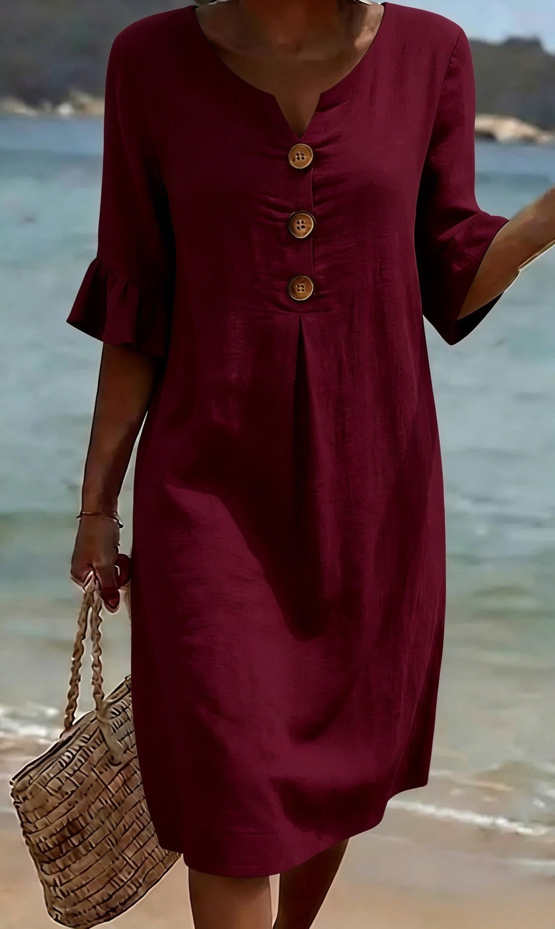 Women's button-front flutter-sleeve shirt dress, a comfortable, versatile & elegant casual day dress.