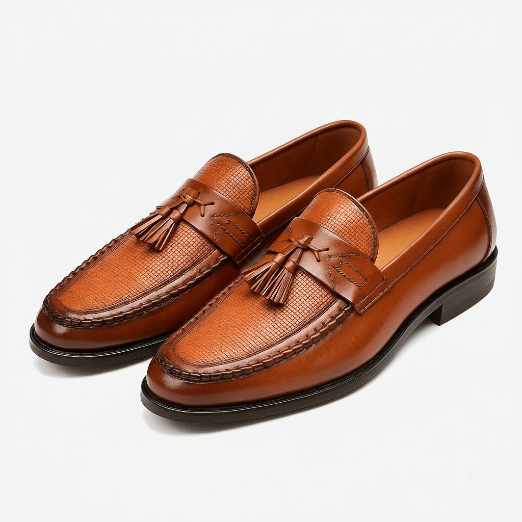 Elegant black leather men's tassel loafers, ideal slip-on dress shoes for sophisticated casual or formal wear.
