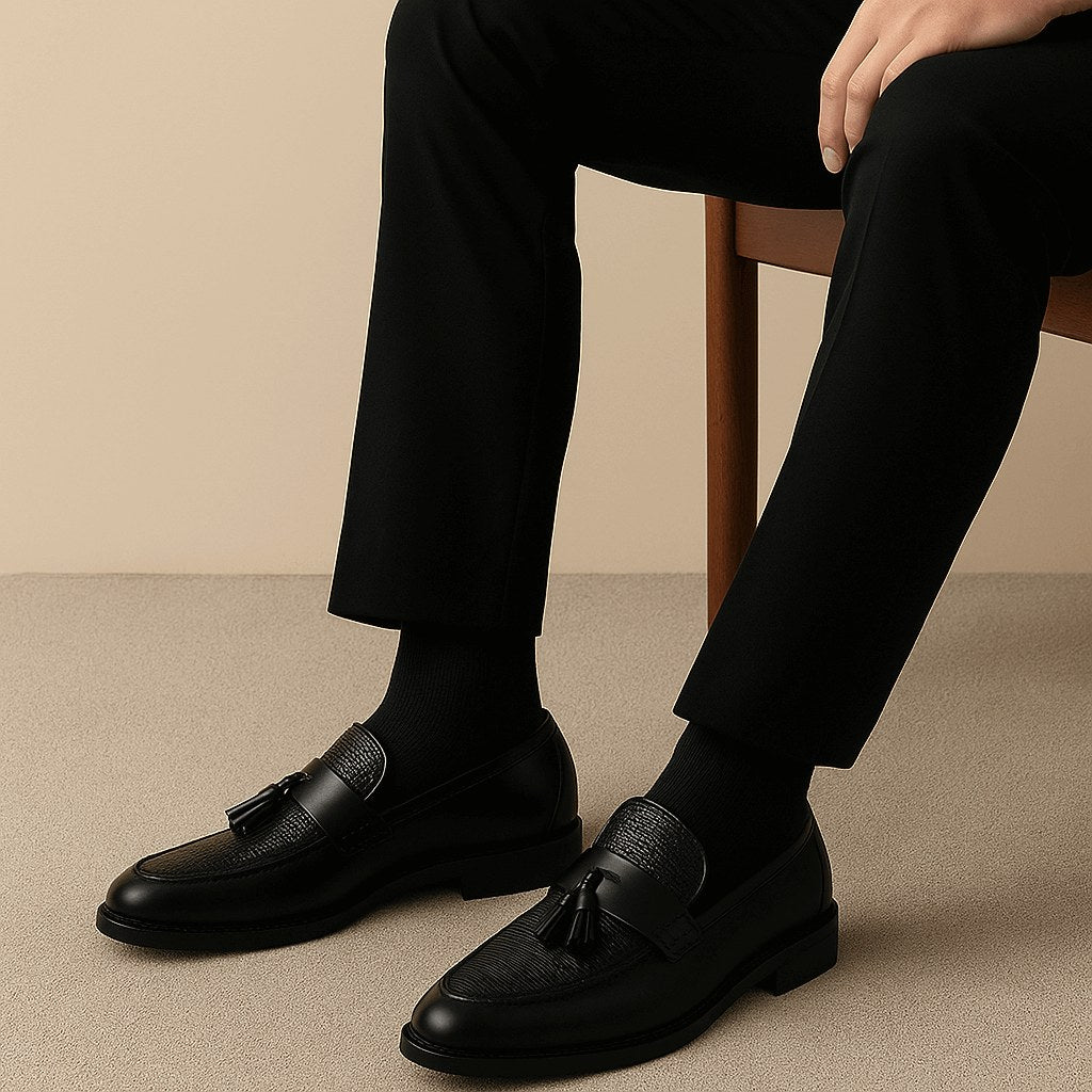 Stylish men's leather tassel loafers with a comfortable slip-on design, blending classic & modern fashion.