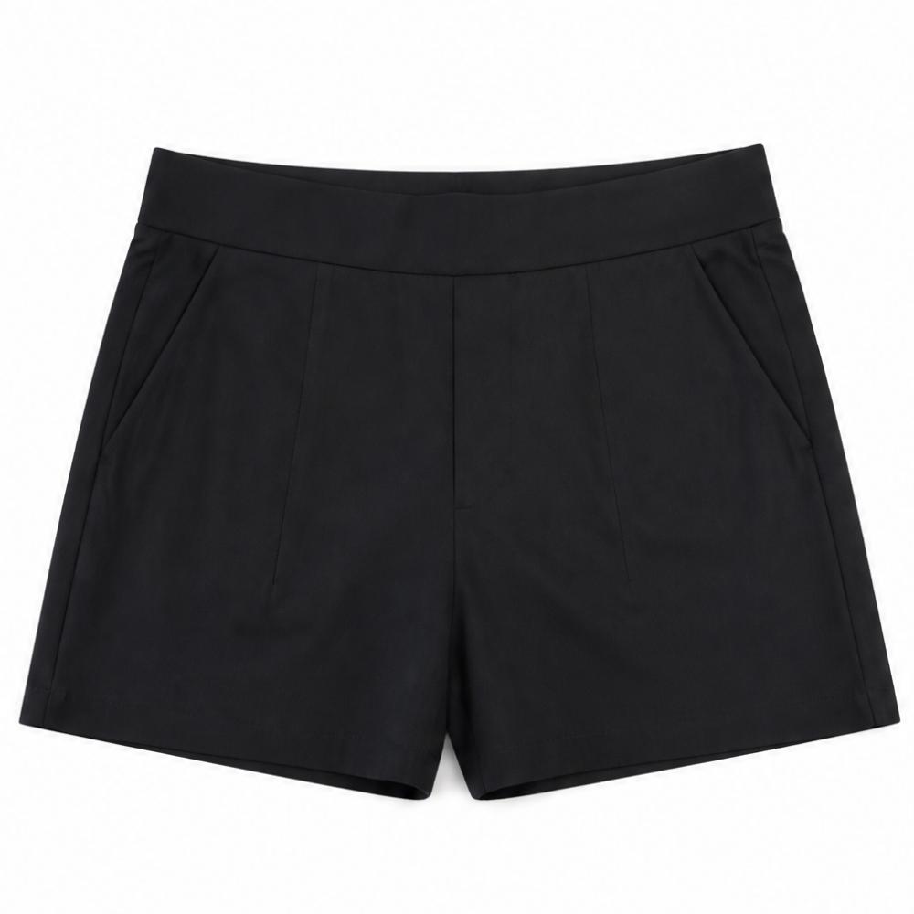 Woman modeling black high-waisted summer pocket shorts, comfortable for daily wear.