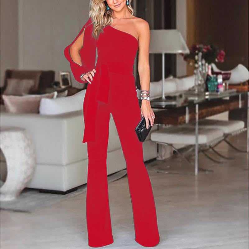 Elegant women's one shoulder wide leg belted jumpsuit for a contemporary, fashionable party or evening look.