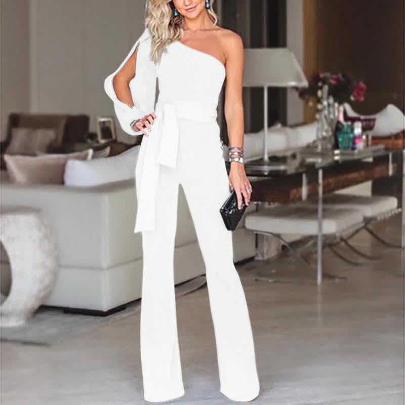 Versatile women's one shoulder wide leg jumpsuit with belt, suitable for evening, party, or chic summer wear.