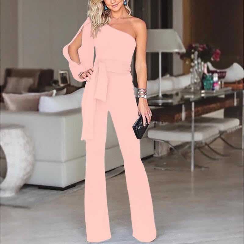 Stylish women's one shoulder jumpsuit with a flowing wide leg and adjustable belt for a sleek silhouette.