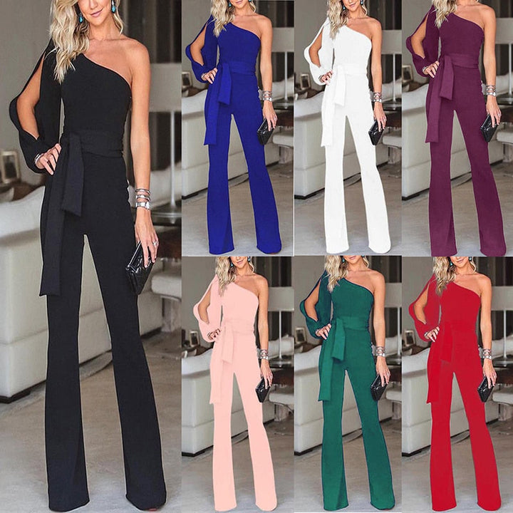 Modern women's one shoulder wide leg belted jumpsuit, an elegant choice for sophisticated evening and party outfits.