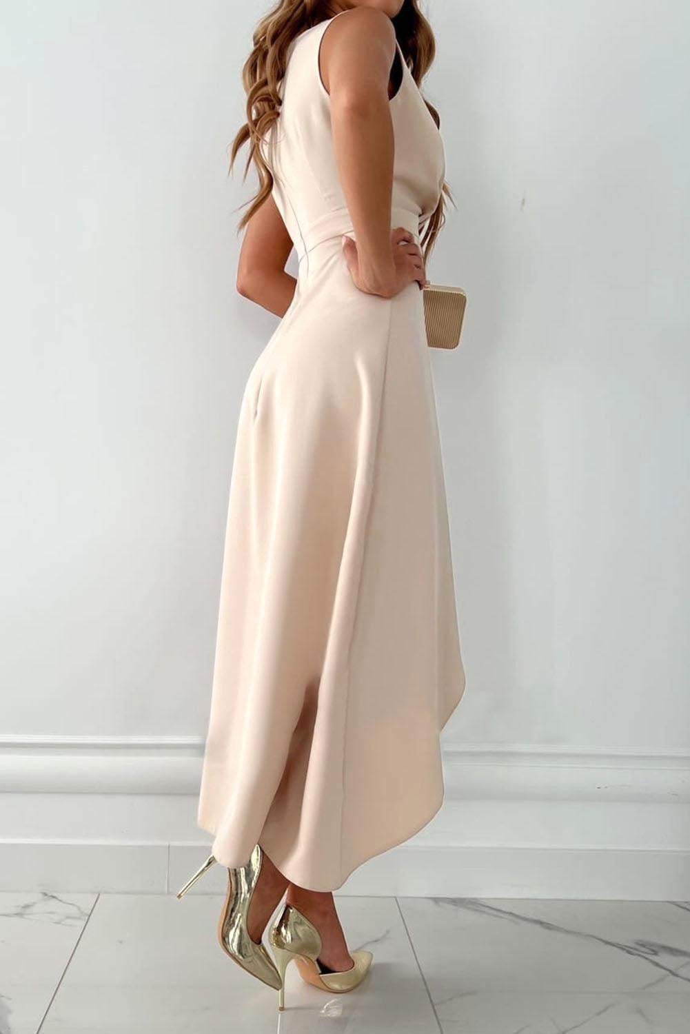 Flattering beige women's wrap midi dress with a V-neck, ideal for elegant occasions & spring/summer fashion.