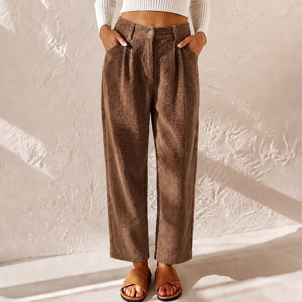 Women's high-waist pleated wide-leg pants in a relaxed fit, great for chic office or everyday style.