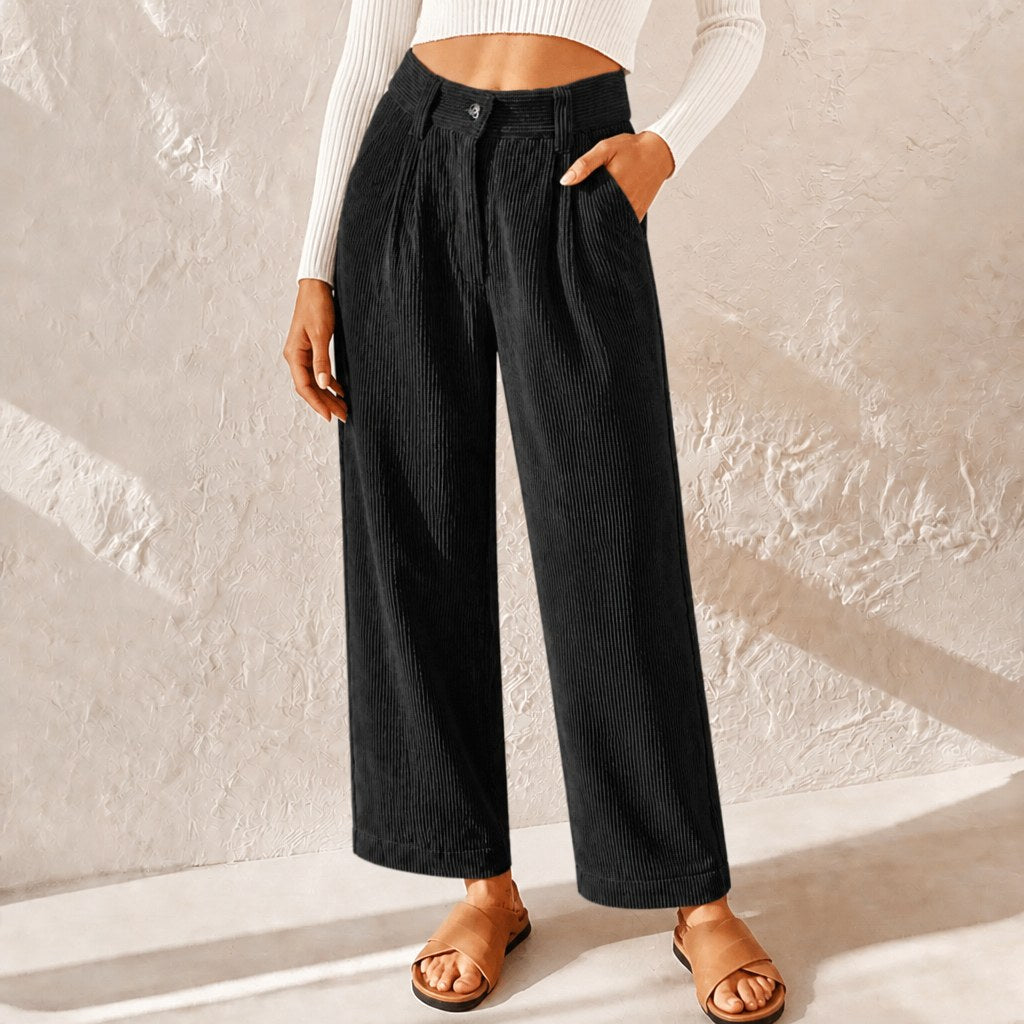 Women's high-waist wide-leg pleated trousers. Stylish, comfortable, ideal for casual & office wear.