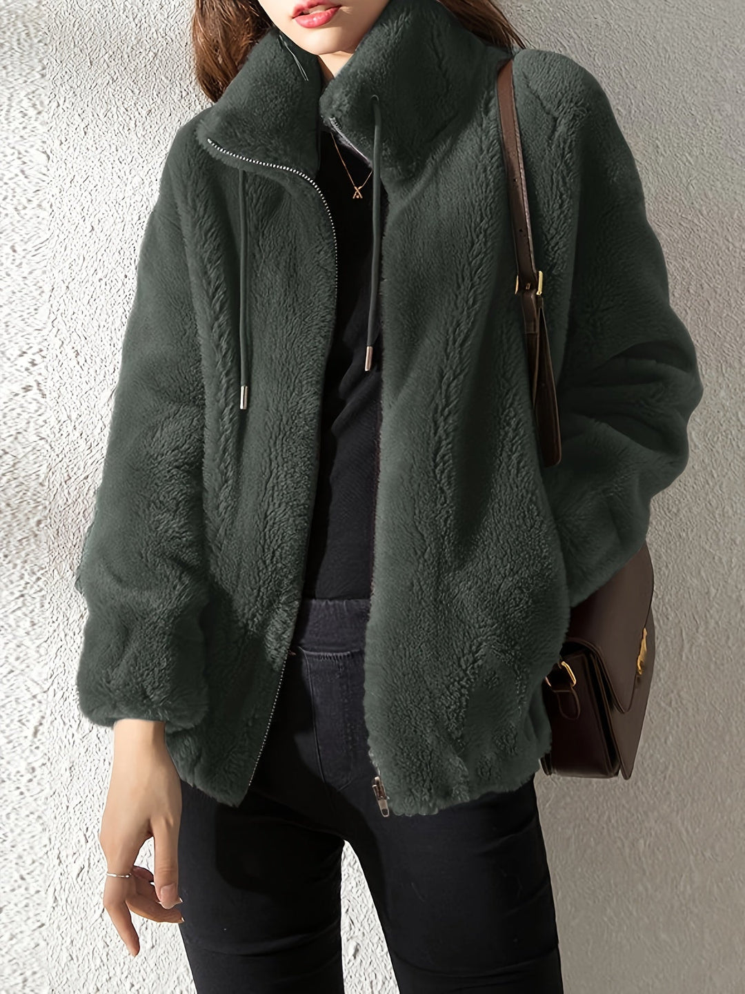 Fashionable Isla Teddy Coat: women's plush jacket with drawstring & zipper for stylish fall & winter warmth.