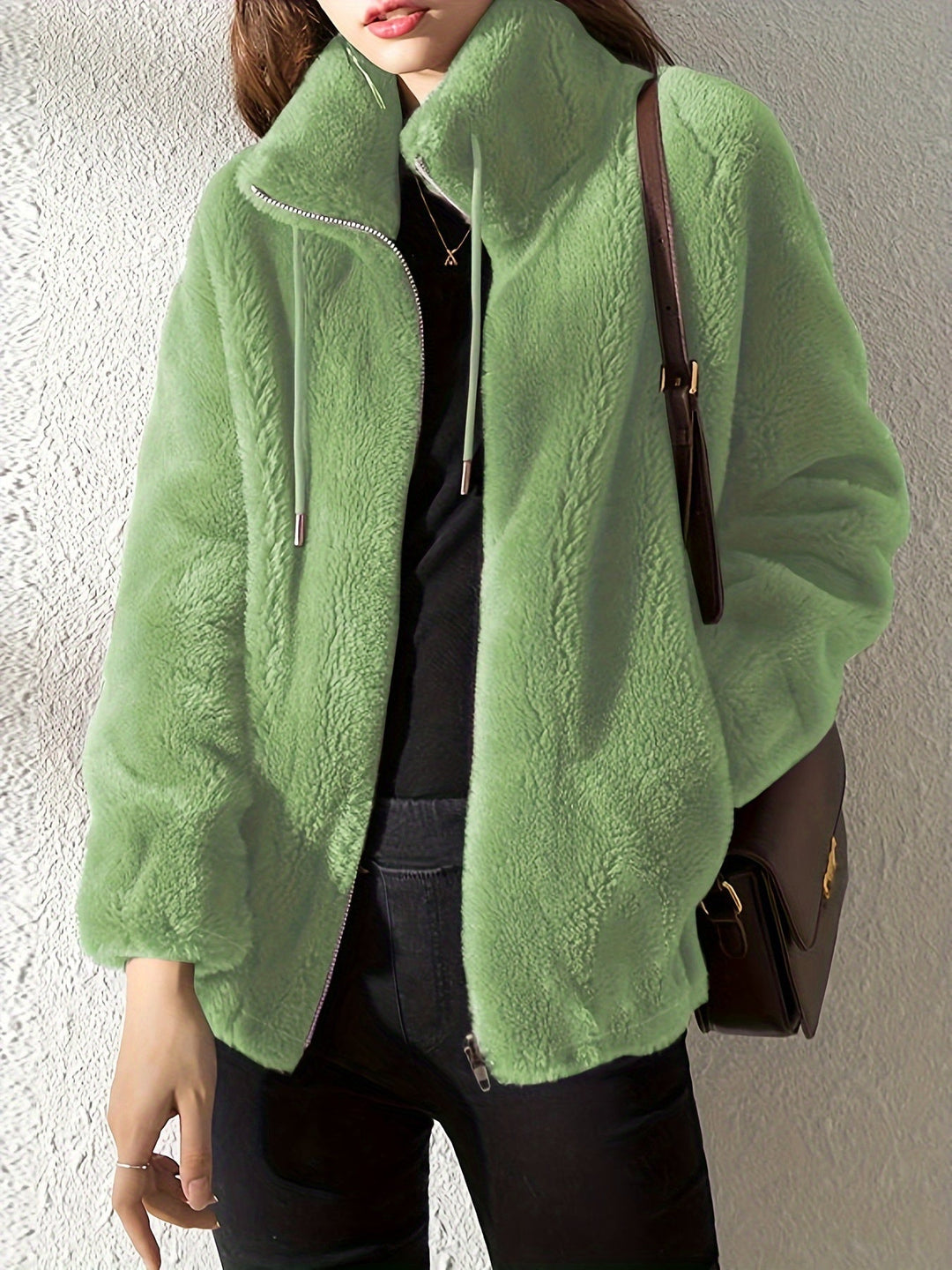 Women's plush Isla Teddy Coat with drawstring & zipper, offering cozy winter warmth & stylish outerwear.