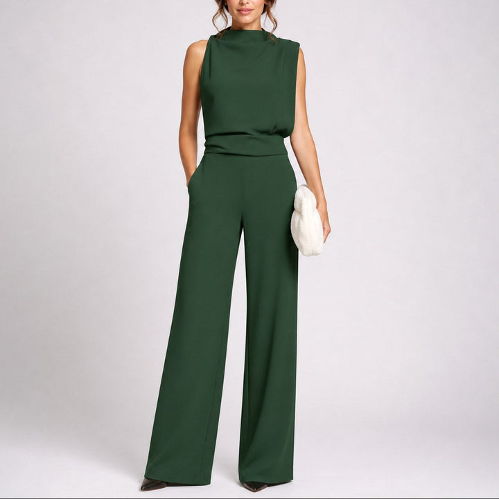 Elegant women's sleeveless high-neck wide-leg jumpsuit, perfect for chic summer occasions or versatile wear.