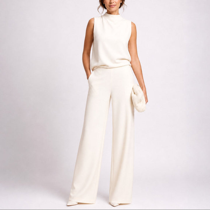 Comfortable & chic women's sleeveless wide-leg jumpsuit with a high-neck, ideal for versatile elegant fashion.