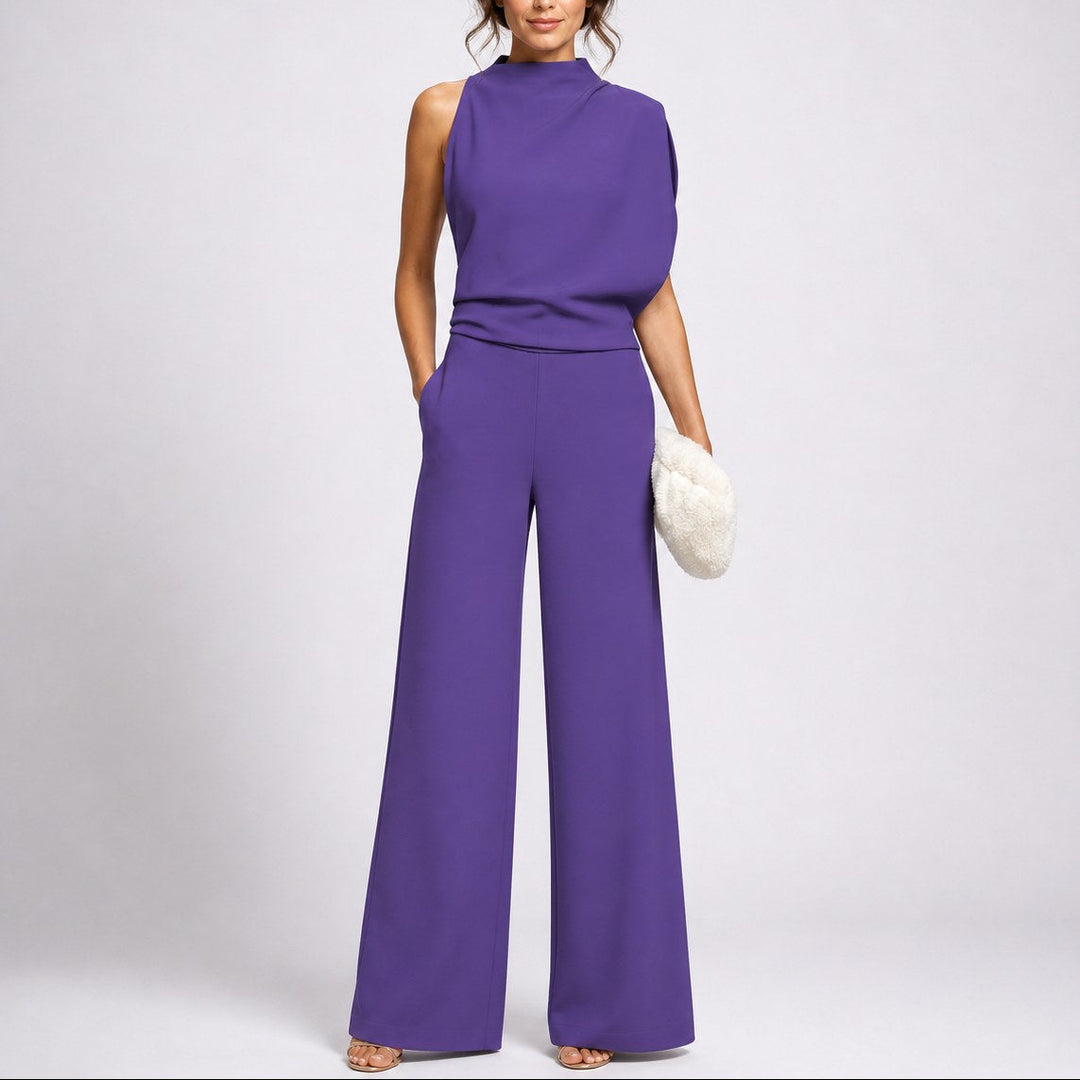 Stylish women's high-neck wide-leg jumpsuit, a sleeveless elegant fashion piece for special occasions & summer.