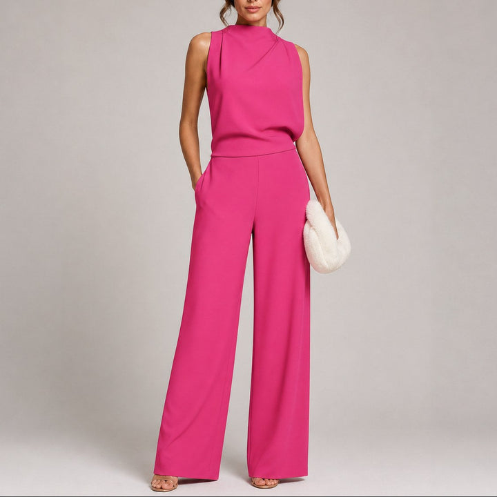 Chic women's sleeveless high-neck wide-leg jumpsuit for elegant fashion, comfortable & versatile summer wear.
