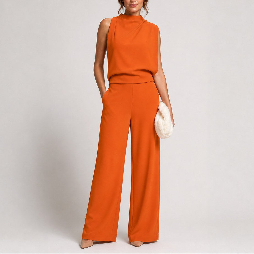 Elegant women's sleeveless wide-leg jumpsuit with a high-neck, a chic and comfortable outfit for any occasion.