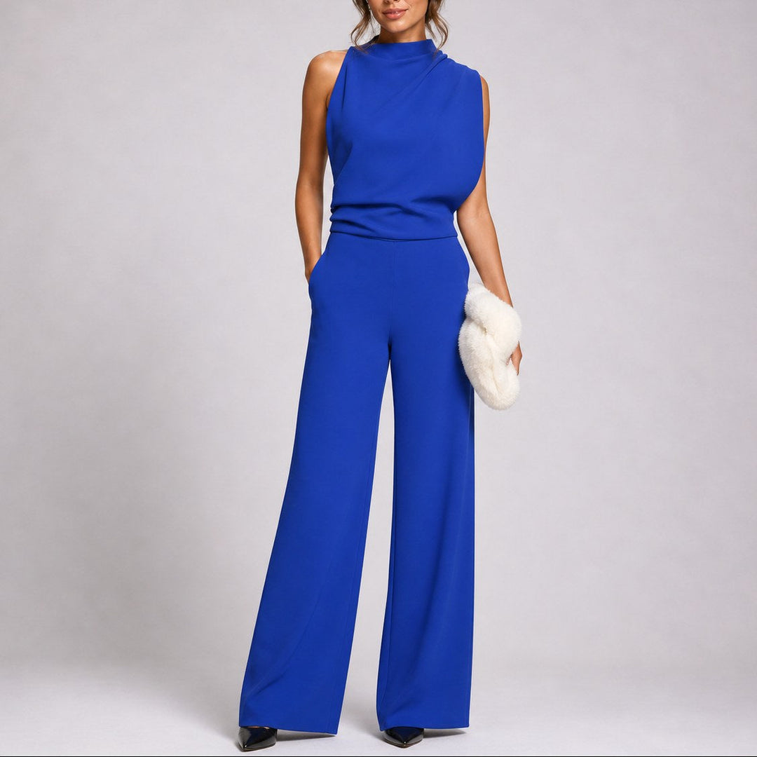 Women's elegant sleeveless high-neck wide-leg jumpsuit, a comfortable & versatile chic fashion statement.