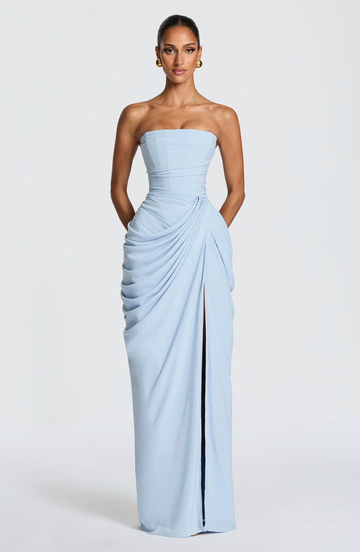 Women's formal maxi dress, strapless with a sculpted bodice. Ideal for evening parties & special occasions.