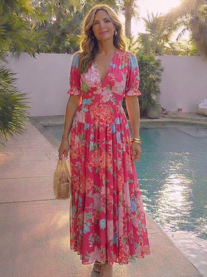 Temperance | Women's Floral V-Neck Midi Dress - Pink - Image 7