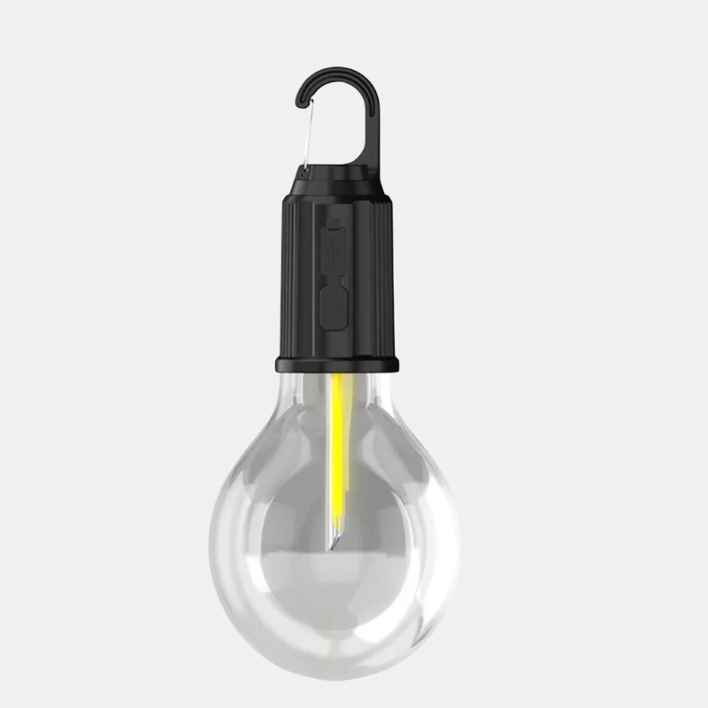 Rechargeable vintage LED bulb, perfect for outdoor garden lighting & indoor home ambiance. Portable & black.