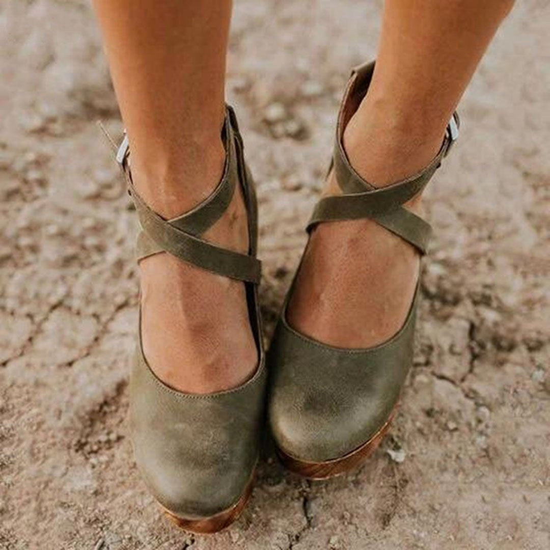 Comfortable women's closed-toe wedge heels with ankle strap, versatile for evening, work, or casual outfits.